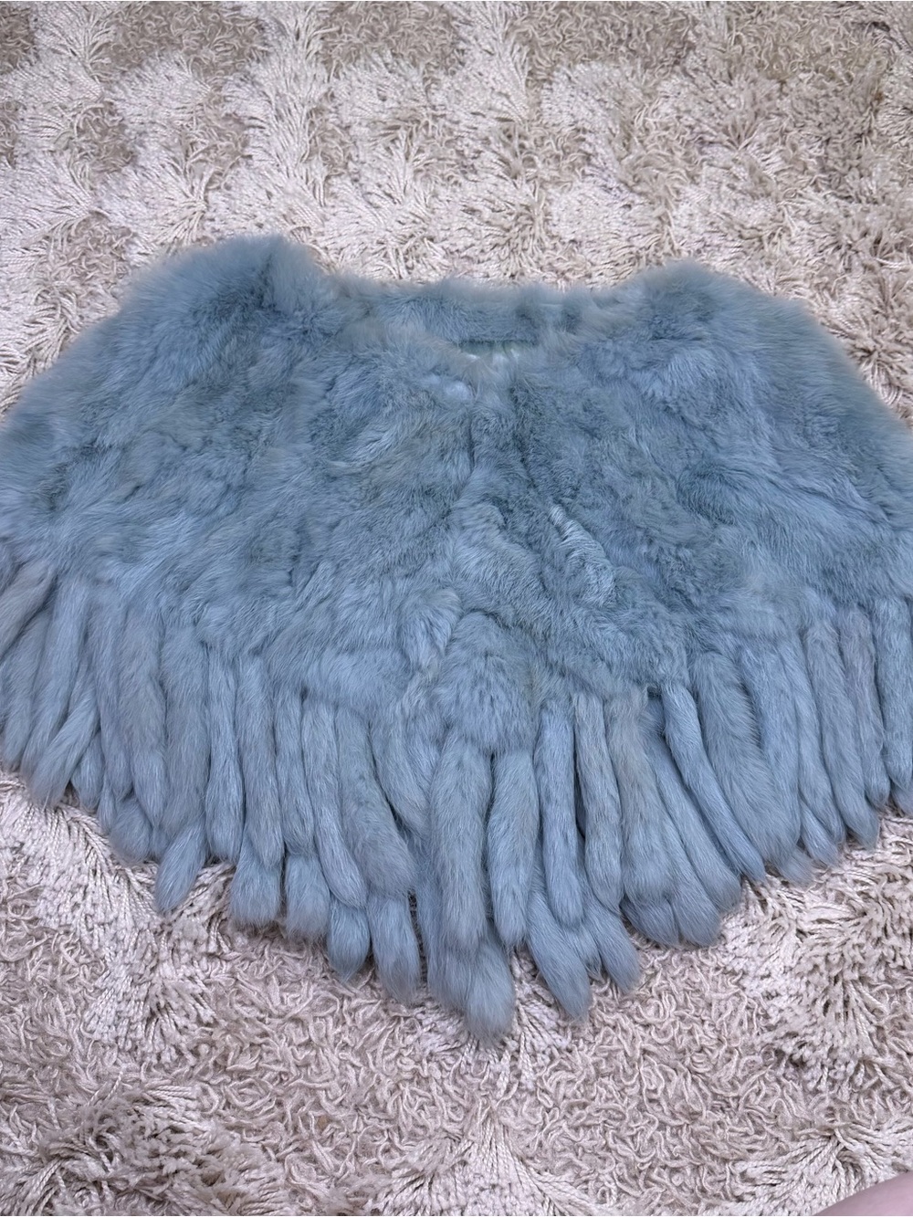 Bebe Rabbit Fur Cape Womens P/S Icy Blue Fringe Shawl Capelet Genuine Fur